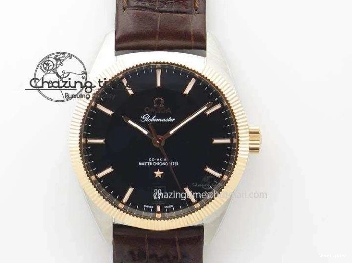 0214 Sporty Globemaster Master Chronometer SS RG V6F Best Edition Black Dial On Brown Leather Strap A 8270